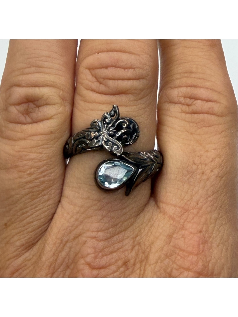 Blue topaz filigree butterfly Sterling silver bypass ring